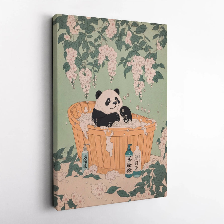 Japanese Ukiyo-E Panda Canvas Art | Cute Animal Bathing in Cherry Blossoms | Premium 1.25-Inch Gallery Wrap | Whimsical Home Decor Gift