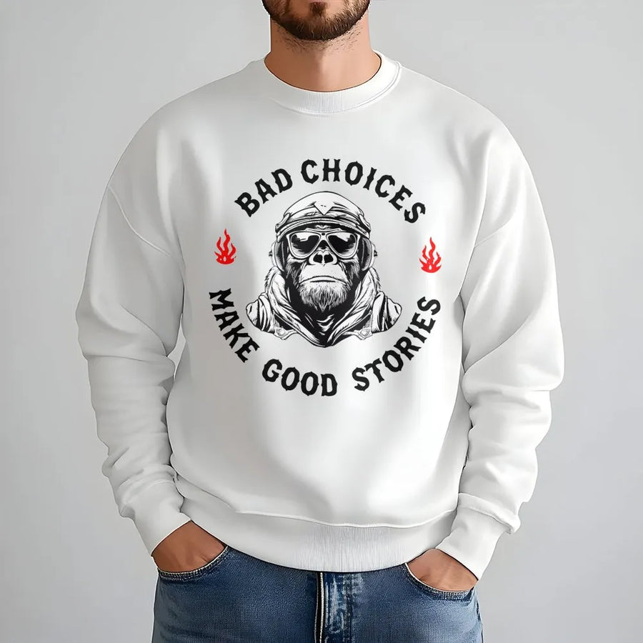 Bad Choices Make Good Stories Sweatshirt | Funny Retro Biker Monkey Graphic | Premium Cotton Blend Crewneck | Unisex Gift For Adventure Lovers