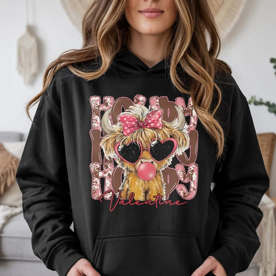 Valentine Highland Cow Hoodie | Cute Howdy Graphic Print | Premium Cotton-Poly Blend | Cozy Gift for Her Valentine's Day Outfit