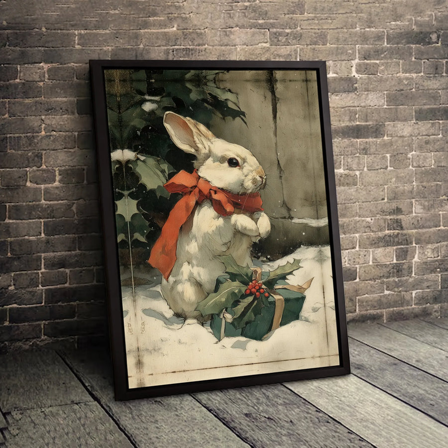Vintage Christmas Rabbit Canvas Wall Art | Whimsical Bunny with Red Bow and Holly | Premium Fade-Resistant Gallery Wrap | Cozy Holiday Home Decor Gift