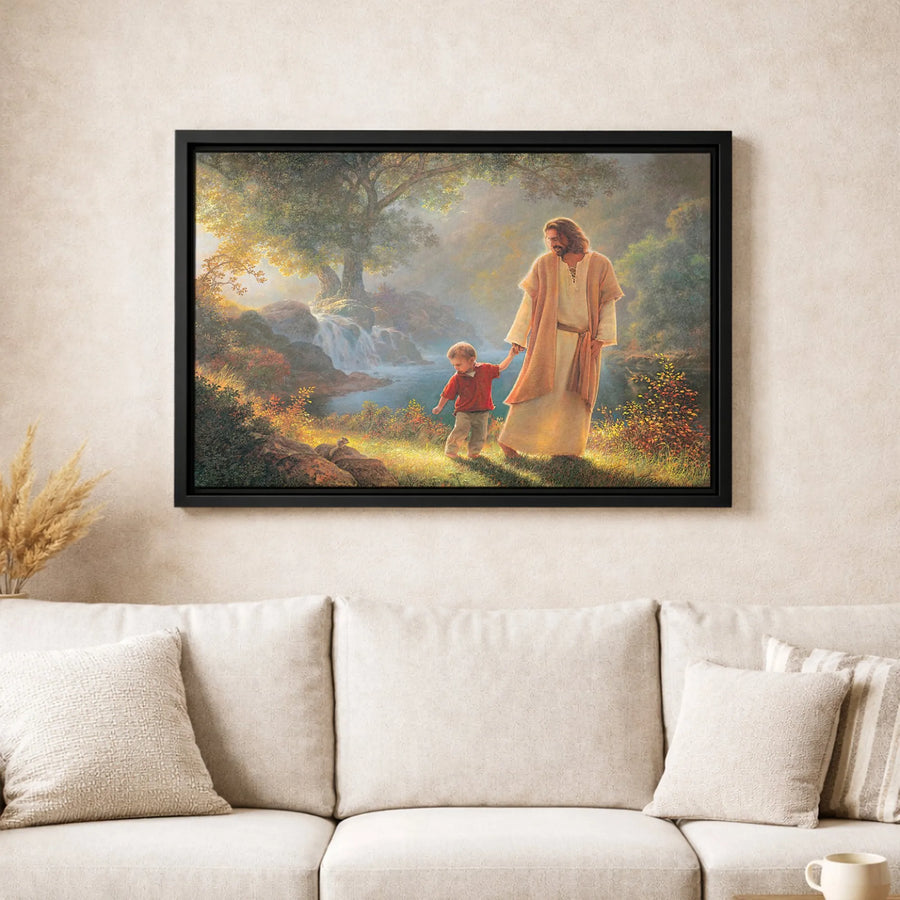 Jesus Walking With Child Canvas Print | Religious Waterfall Wall Art | Premium Gallery Wrapped Decor | Christian Home Gift For Nursery