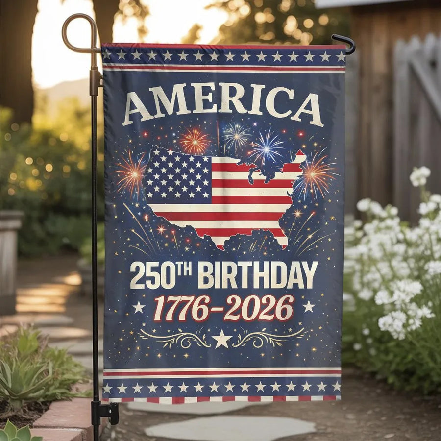 America 250th Birthday Garden Flag | 1776-2026 USA Map with Fireworks | Double Sided Polyester | Commemorative Patriotic Yard Decor Gift