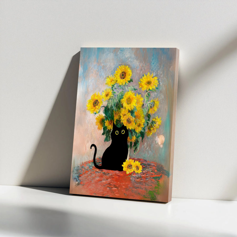 Black Cat Sunflower Canvas Art | Impressionist Oil Painting Style | Premium Gallery Wrap | Whimsical Home Decor Gift for Cat Lovers