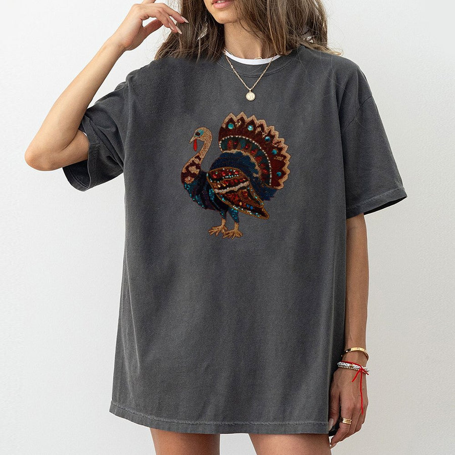 Thanksgiving Turkey T-Shirt | Faux Rhinestone Graphic Design | Premium Soft Cotton Tee | Festive Fall Holiday Gift for Men and Women