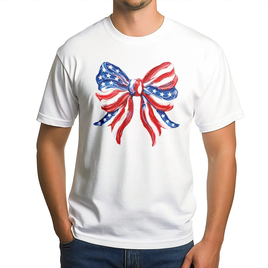 Patriotic Bow T-Shirt | Coquette USA Flag Graphic | Soft Cotton Blend Crewneck | 4th of July Gift for Her