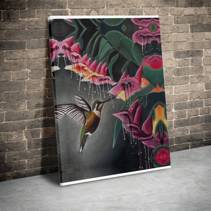 Hummingbird Canvas Wall Art | Pink Fuchsia Floral Oil Painting Print | 1.25 inch Gallery Wrap | Nature Home Decor Gift for Bird Lovers
