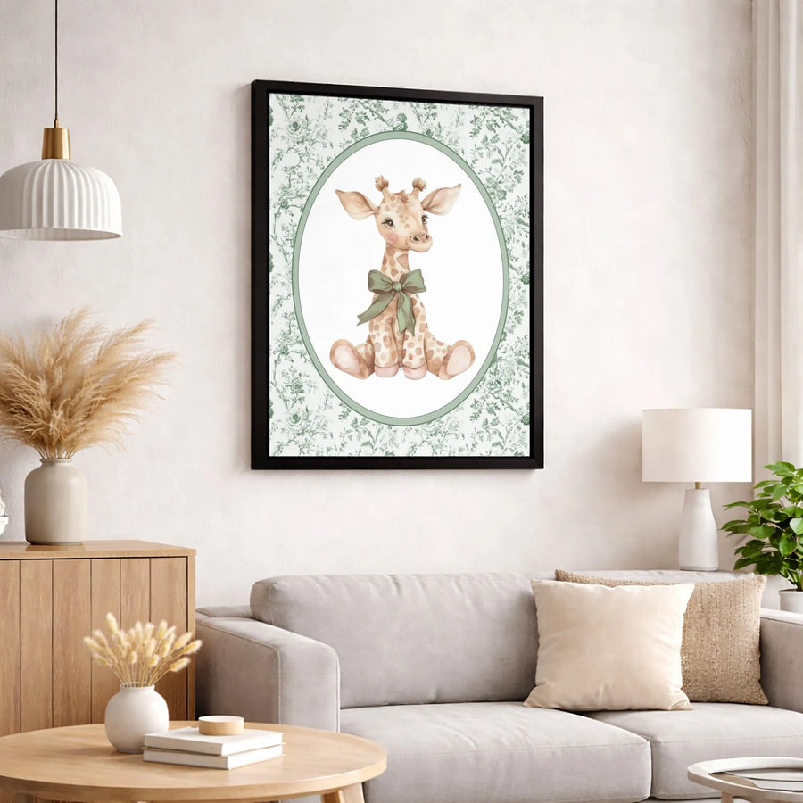 Baby Giraffe Wall Art | Watercolor Nursery Decor with Sage Green Floral Toile | Premium 1.25" Gallery Canvas | Gift for Baby Shower