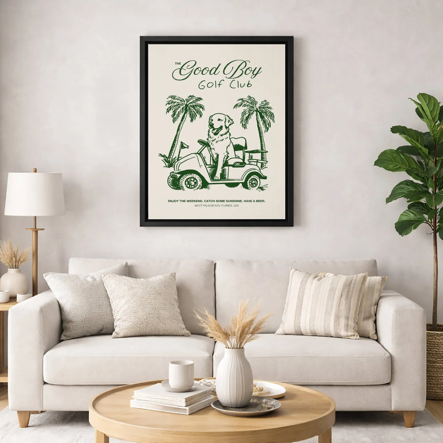 Good Boy Golf Club Dog Art | Funny Golden Retriever Golf Cart Print | Premium Gallery Wrapped Canvas | Retro Aesthetic Home Decor Gift