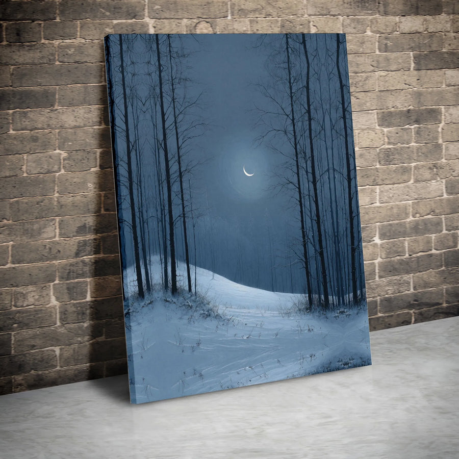 Winter Forest Canvas Wall Art | Snowy Night Landscape with Crescent Moon | Premium Gallery-Wrapped Print | Minimalist Seasonal Home Decor Gift