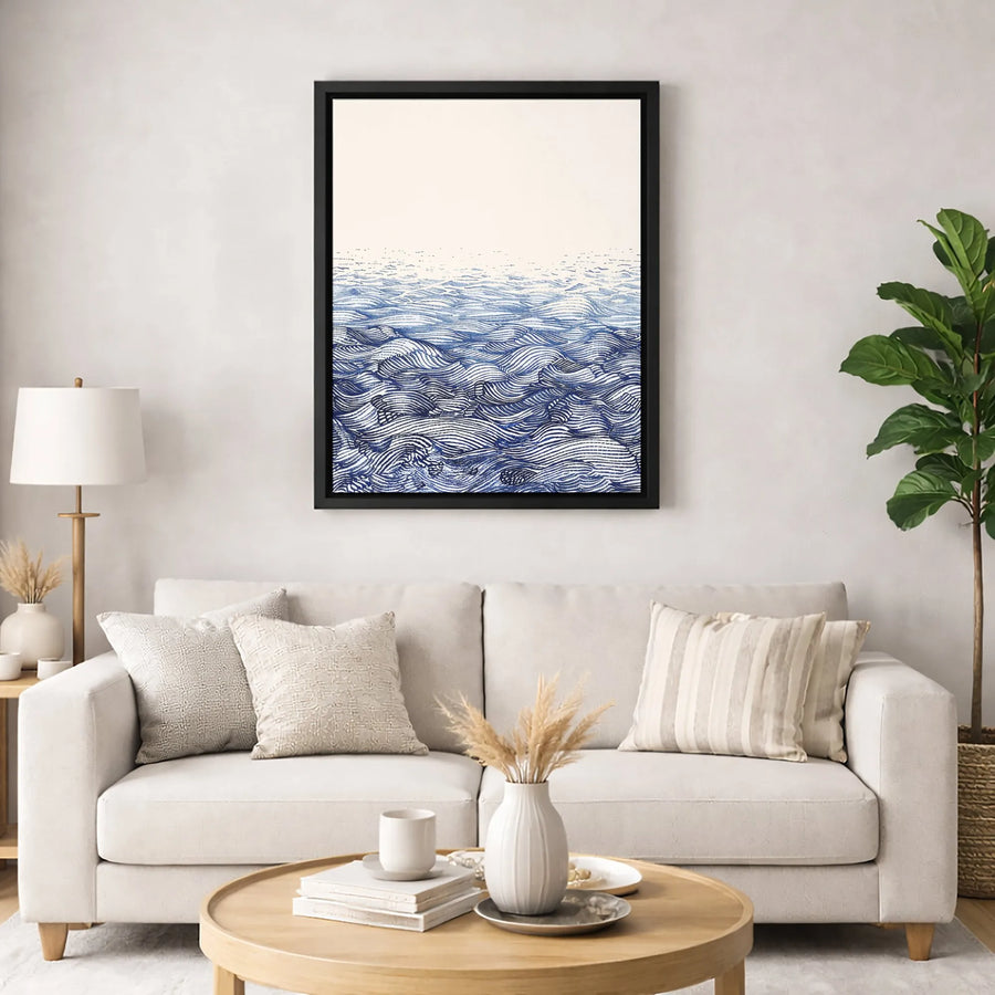 Abstract Ocean Waves Canvas Wall Art | Blue And White Minimalist Line Drawing | Premium Gallery-Wrapped Print | Coastal Decor For Home Or Office