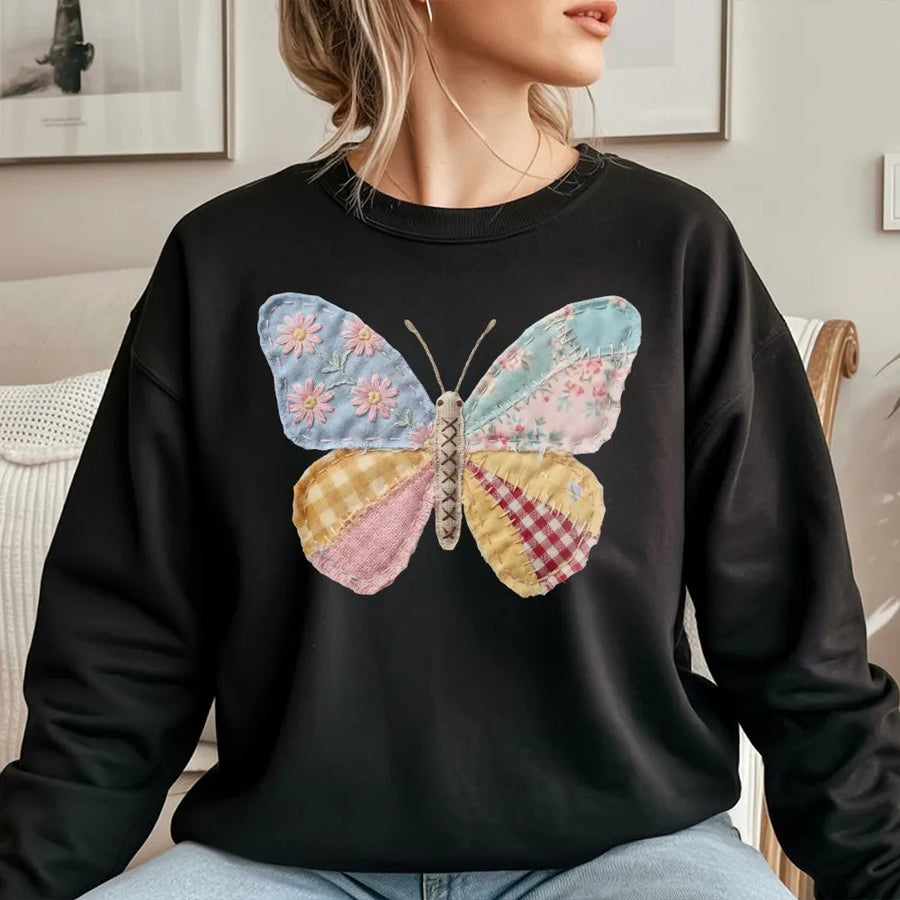 Patchwork Butterfly Sweatshirt | Faux Quilt Style Graphic Tee | Soft Cotton Shirt | Cottagecore Spring Gift for Women