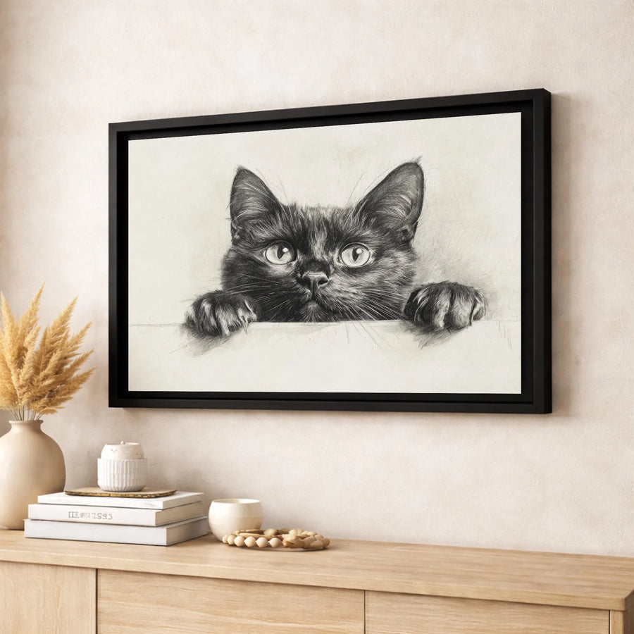 Black Cat Wall Art Canvas | Peeking Kitten Pencil Sketch Print | Gallery-Quality Framed Decor | Unique Gift for Cat Lovers
