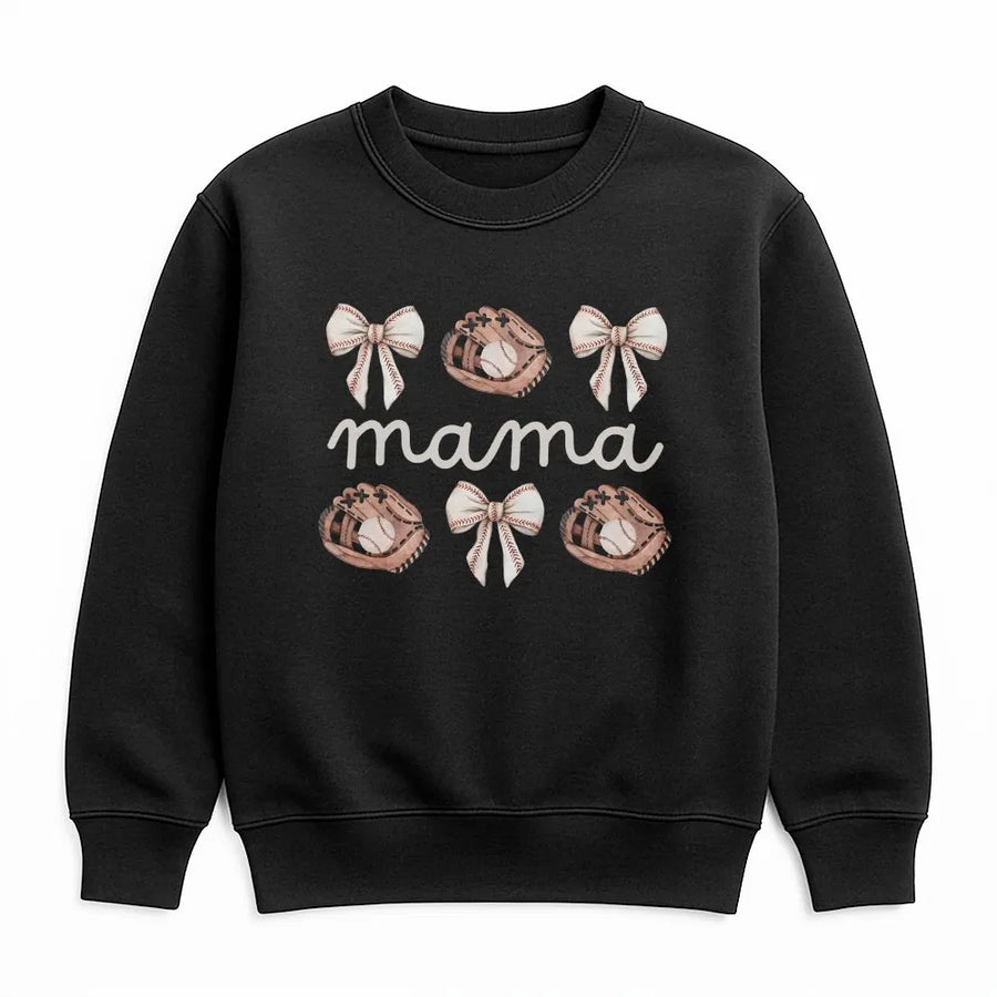 Baseball Mama Sweatshirt | Coquette Bows & Gloves Game Day Graphic | Soft Cotton Blend Crewneck | Gift for Sports Mom
