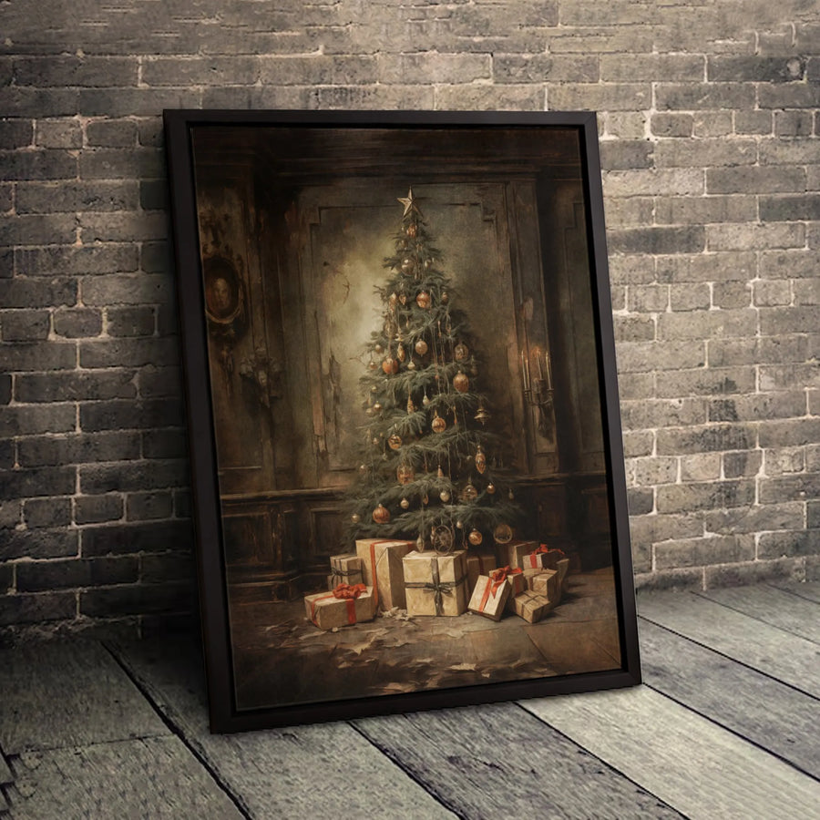 Vintage Christmas Tree Canvas Print | Classic Holiday Tree With Presents Wall Art | Gallery Quality 1.25" Profile | Festive Home Decor Gift