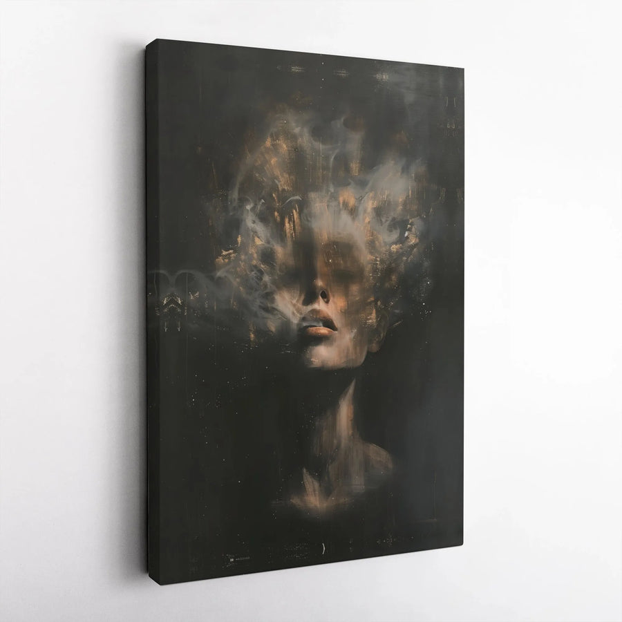 Abstract Woman Canvas Wall Art | Golden Smoke Portrait Print | Premium Gallery Wrapped 1.25 Inch Profile | Modern Home & Office Decor Gift