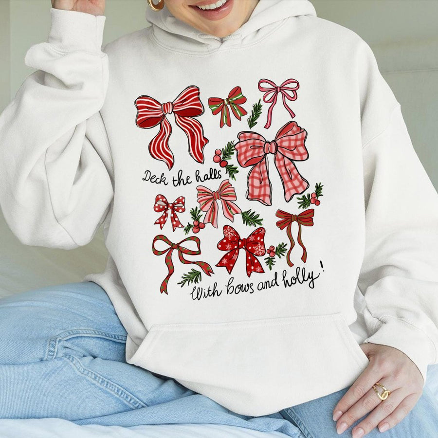 Christmas Bows Hoodie | Festive Deck The Halls Graphic | Premium Cotton Blend | Cozy Holiday Apparel Gift for Women