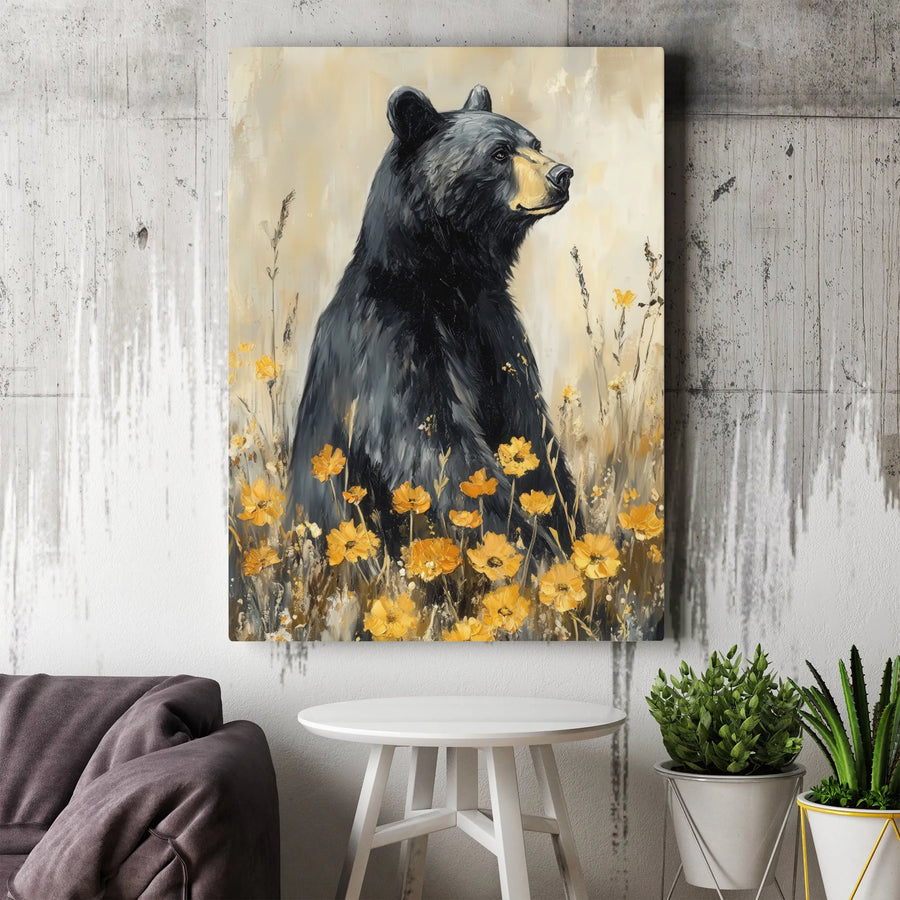 Black Bear Painting Vertical Canvas | Impressionist Wildlife Art with Yellow Wildflowers | Premium Gallery Wrap | Rustic Cabin Decor Gift for Nature Lover