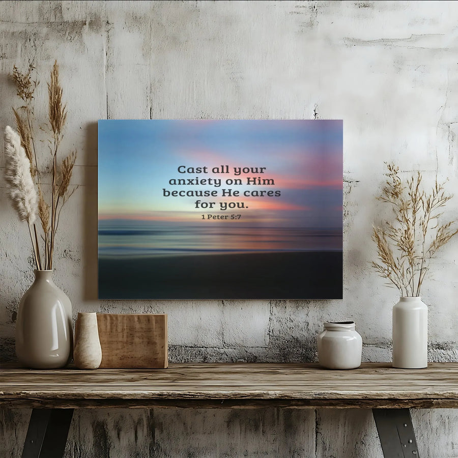 1 Peter 5:7 Bible Verse Canvas Print | Cast All Your Anxiety On Him Sunset Art | Premium Gallery Wrapped Wall Decor | Christian Gift For Home Or Office