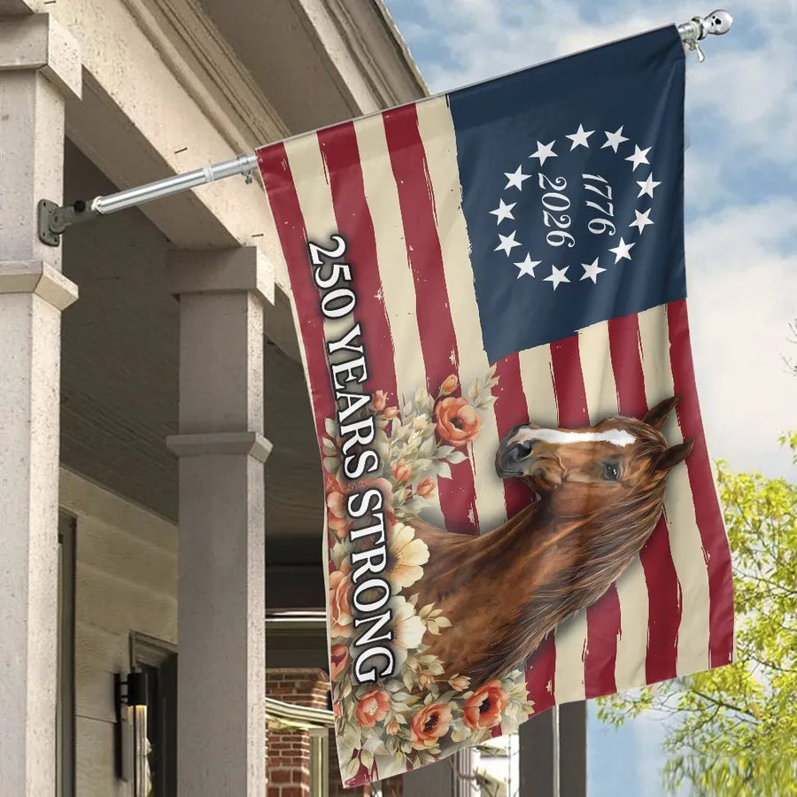 American 250th Anniversary Flag | Patriotic Horse & Vintage Floral Design | Weather-Resistant Double Sided Banner | USA Semiquincentennial Porch Decor Gift