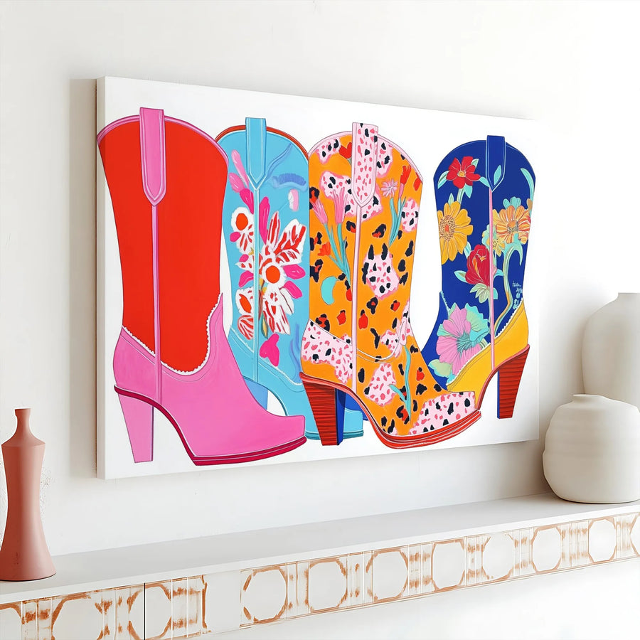 Colorful Western Cowboy Boots Canvas | Floral Leopard Print Pop Art Wall Decor | Gallery Wrapped Premium Material | Vibrant Boho Home Office Gift