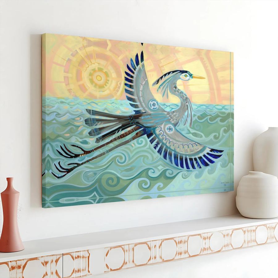 Steampunk Heron Canvas Art | Abstract Coastal Bird Painting Print | Premium Gallery Wrapped Canvas | Nautical Living Room Decor Gift