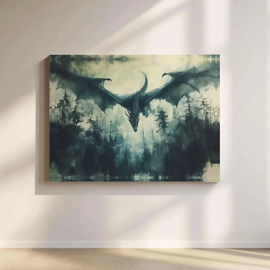 Dragon Wall Art Canvas Print | Misty Forest Landscape Painting | Premium Gallery Wrapped Canvas | Fantasy Gamer Room Decor Gift