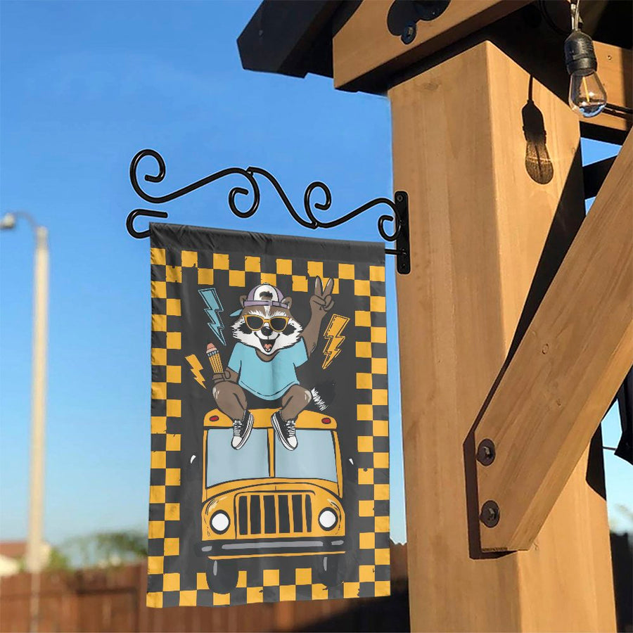 Back To School Garden Flag | Raccoon Riding School Bus Design | Premium All-Weather Polyester | Decorative Yard Decor For Teachers And Students