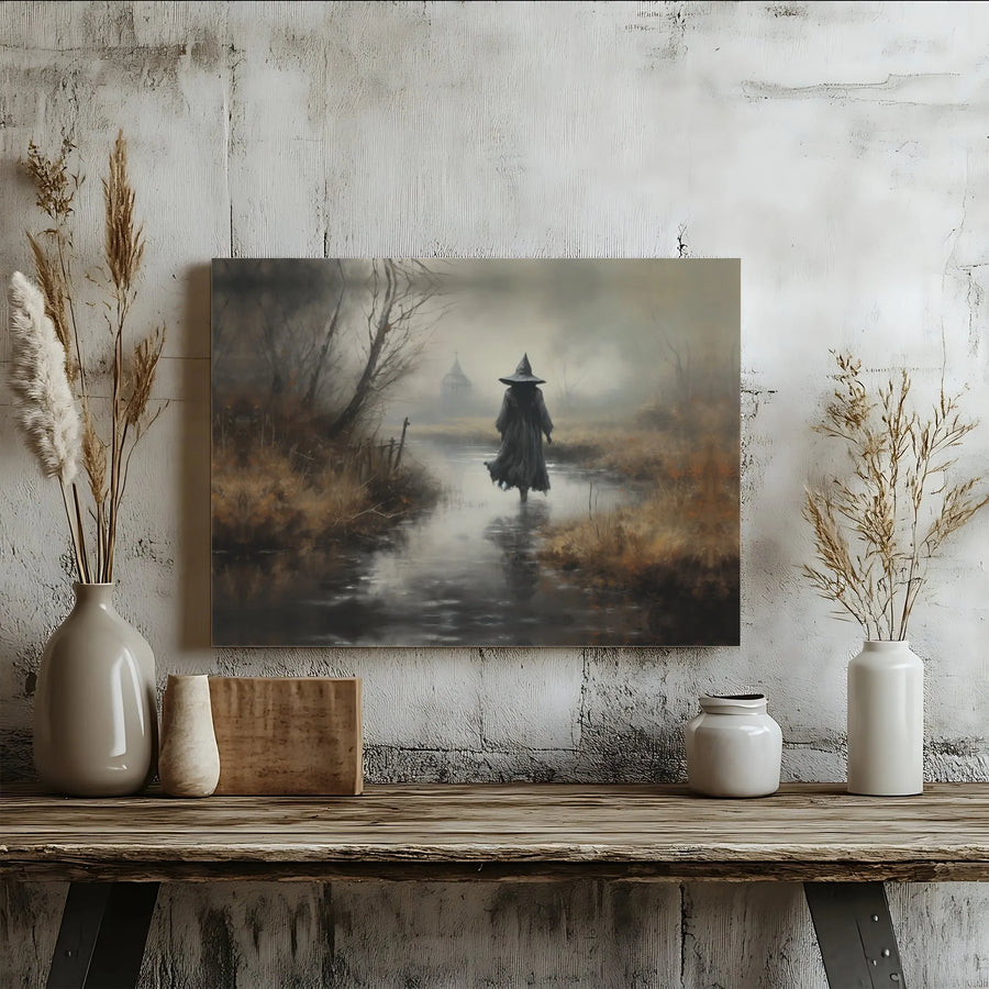 Gothic Witch Canvas Wall Art | Foggy River Landscape Decor | Premium Gallery-Wrapped Print | Dark Academia Aesthetic Gift for Home Office