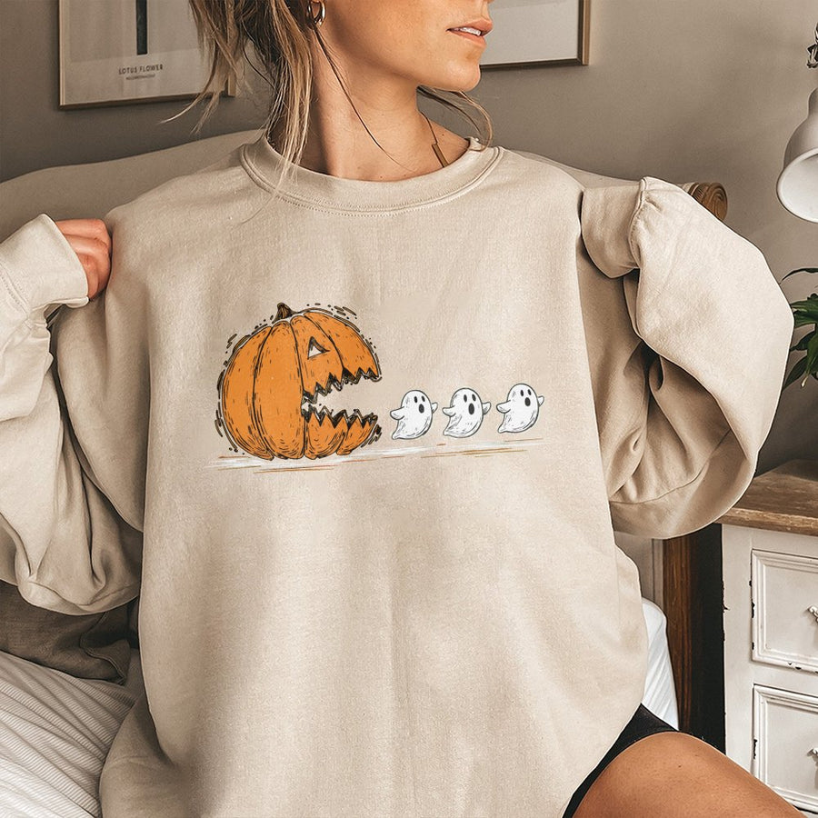 Funny Halloween Pumpkin Chasing Ghosts Sweatshirt | Retro Arcade Gaming Style | Premium Cotton Blend | Unisex Fall Vibes Gift for Horror Fan
