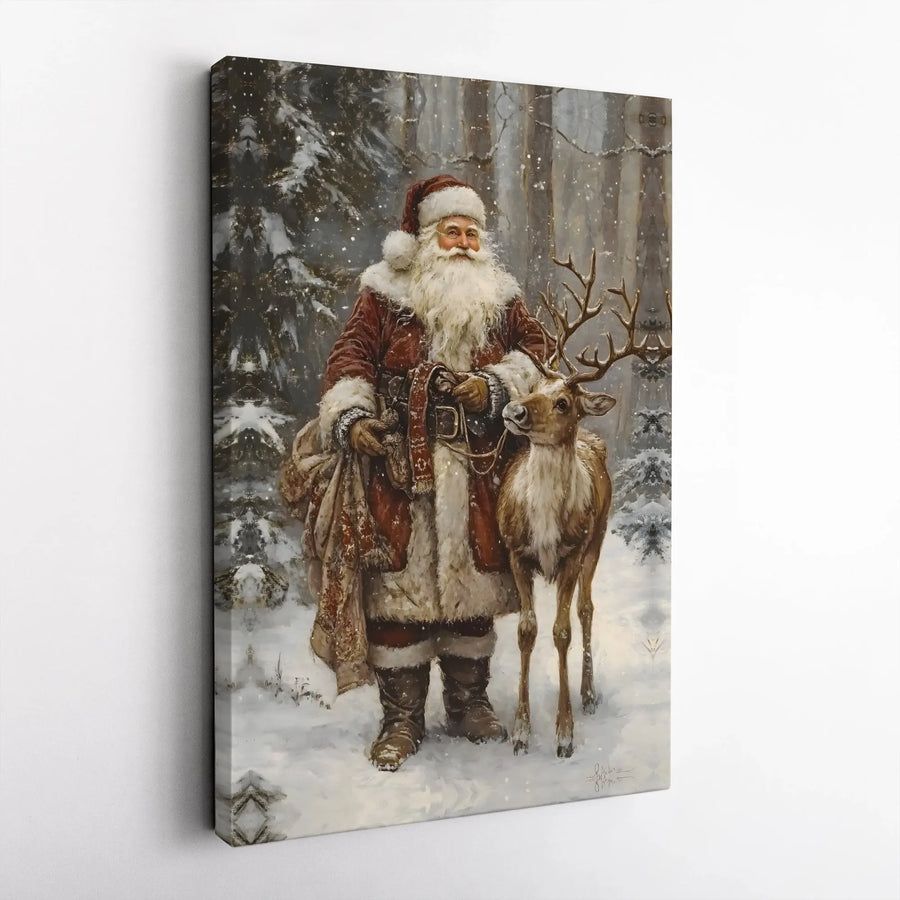 Vintage Santa Claus Wall Art | Traditional Christmas Forest Reindeer Print | Premium 1.25-Inch Gallery Canvas | Holiday Home Decor Gift