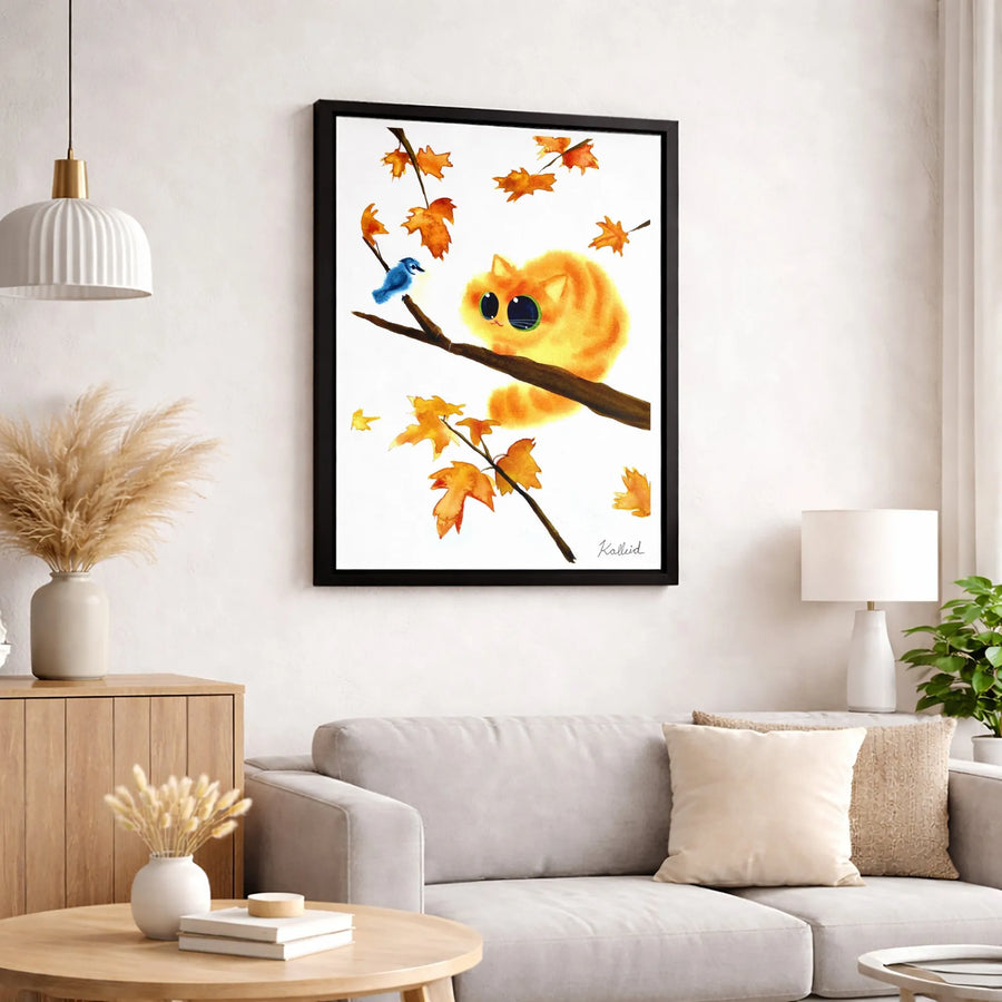 Autumn Cat Canvas Print | Cute Watercolor Ginger Cat and Blue Bird Wall Art | Premium Gallery Wrapped Decor | Fall Whimsical Home Gift