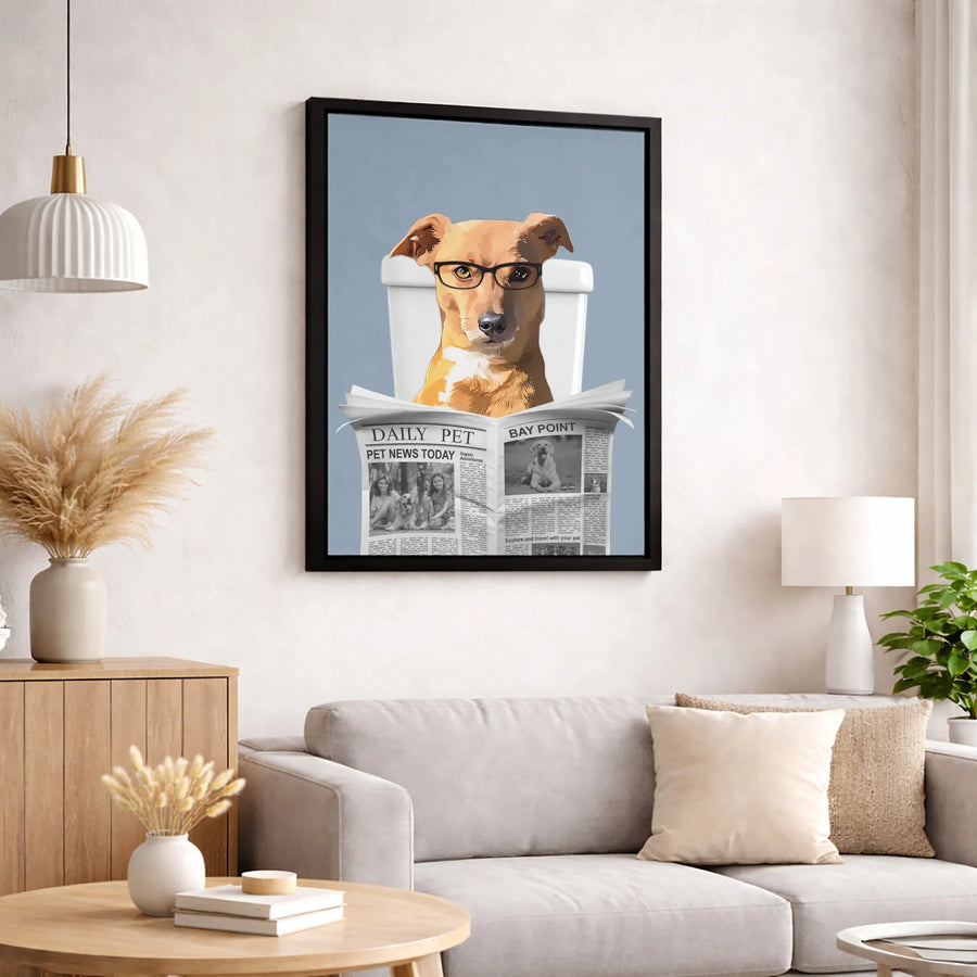 Dog on Toilet Reading Newspaper Canvas | Funny Animal Bathroom Wall Art | Premium Fade-Resistant Gallery Wrap | Unique Quirky Gift for Dog Lovers