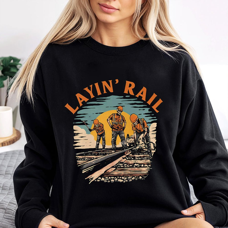 Railroad Worker Sweatshirt | Layin' Rail Vintage Track Crew Design | Premium Cotton Blend Crewneck | Gift for Train Conductor or Railroader