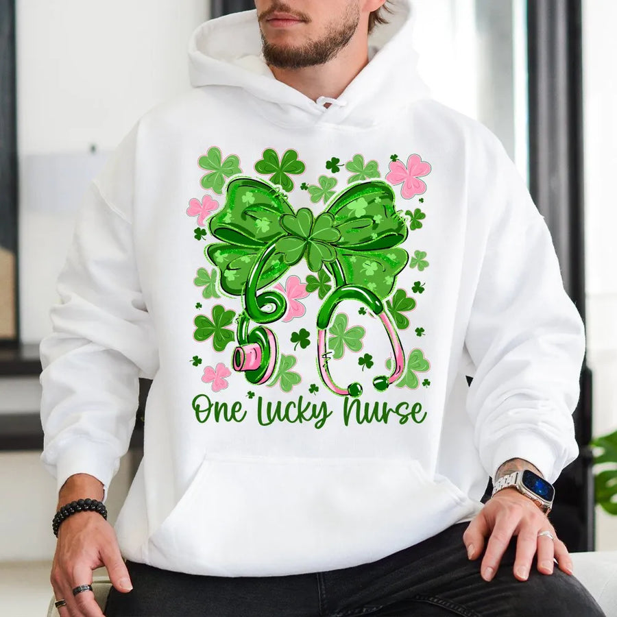 One Lucky Nurse St Patrick's Day Hoodie | Stethoscope Clover Bow Graphic | Premium Cotton-Poly Blend | Gift for Nurses & Nursing Students