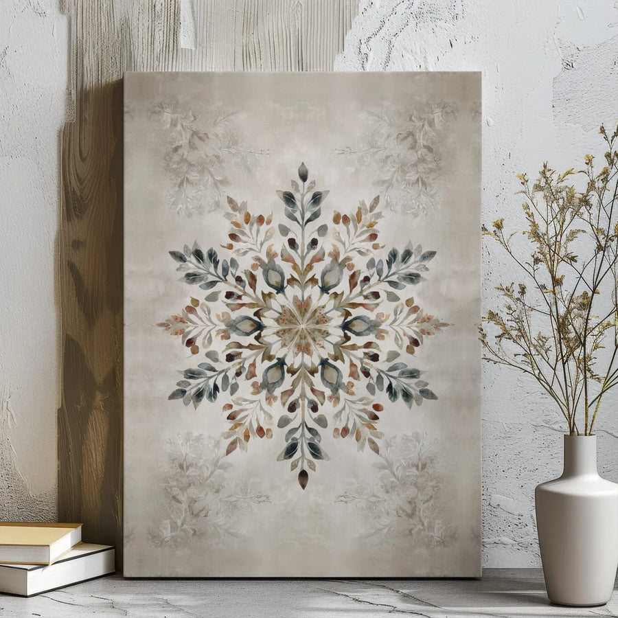 Bohemian Botanical Mandala Canvas Print | Rustic Watercolor Snowflake Wall Art | Premium Gallery Wrap Decor | Nature Inspired Gift for Home