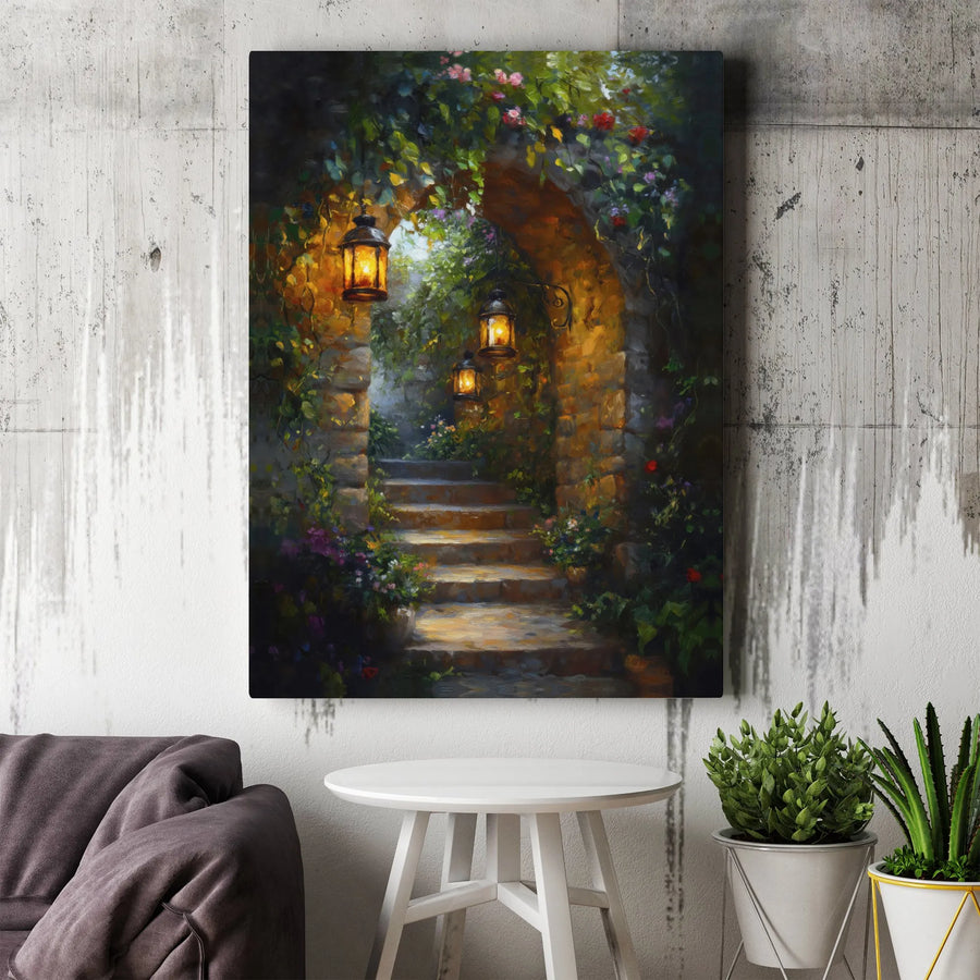 Secret Garden Canvas Wall Art | Lantern Lit Stairway Painting | Gallery Wrapped Premium Canvas | Romantic Home Decor Gift for Living Room