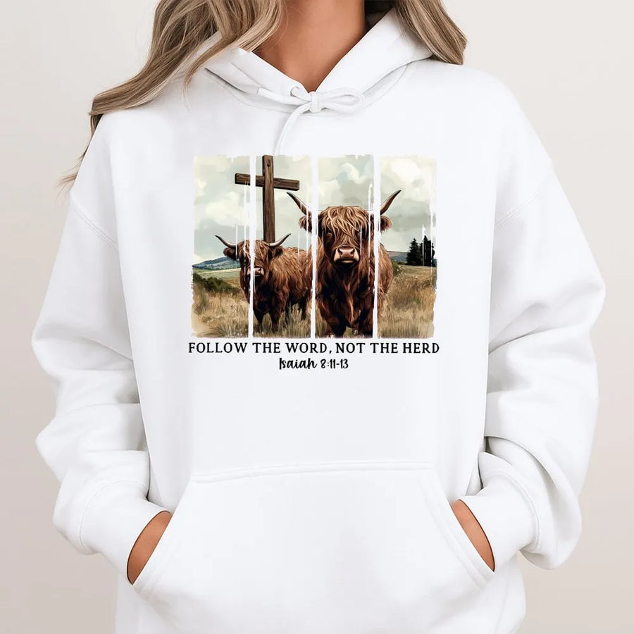 Highland Cow Christian Hoodie | Follow The Word Not The Herd Graphic | Premium Faith-Based Apparel | Gift For Believers & Farmers