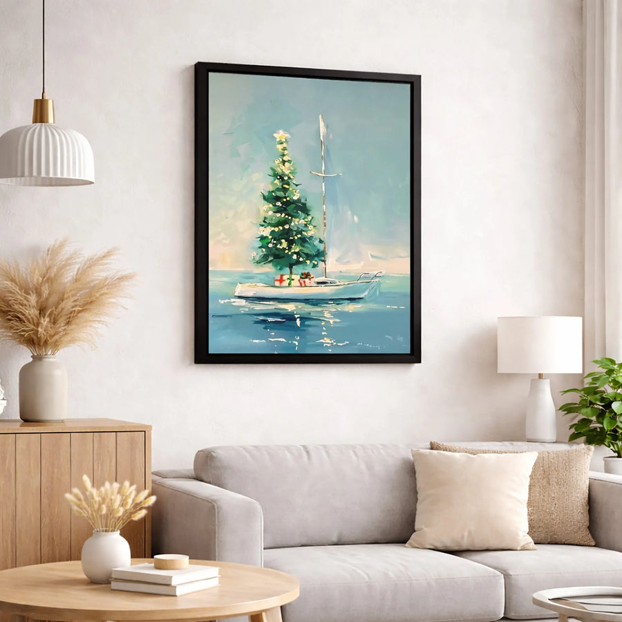 Christmas Tree on Sailboat Canvas Wall Art | Nautical Coastal Holiday Decor | Gallery Quality Premium Print | Coastal Christmas Gift for Sailors