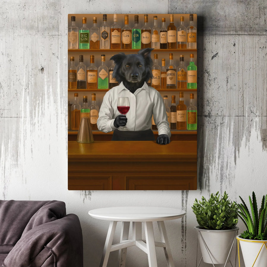 Dog Bartender Canvas Wall Art | Funny Black Dog Pouring Wine | Premium Gallery Wrap Print | Man Cave & Home Bar Decor Gift