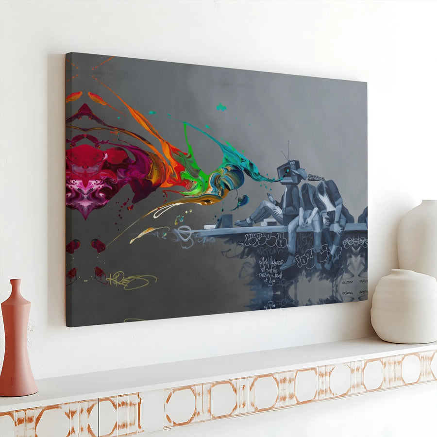 Street Art Canvas Print | TV Head Figure Graffiti Wall Decor | Gallery Wrapped Premium Canvas | Modern Industrial Office or Living Room Gift