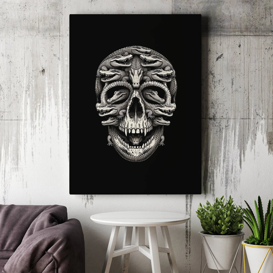 Alligator Skull Canvas Wall Art | Surreal Reptile Illustration | Gallery-Quality Fade-Resistant Print | Gothic Home Decor Gift for Him