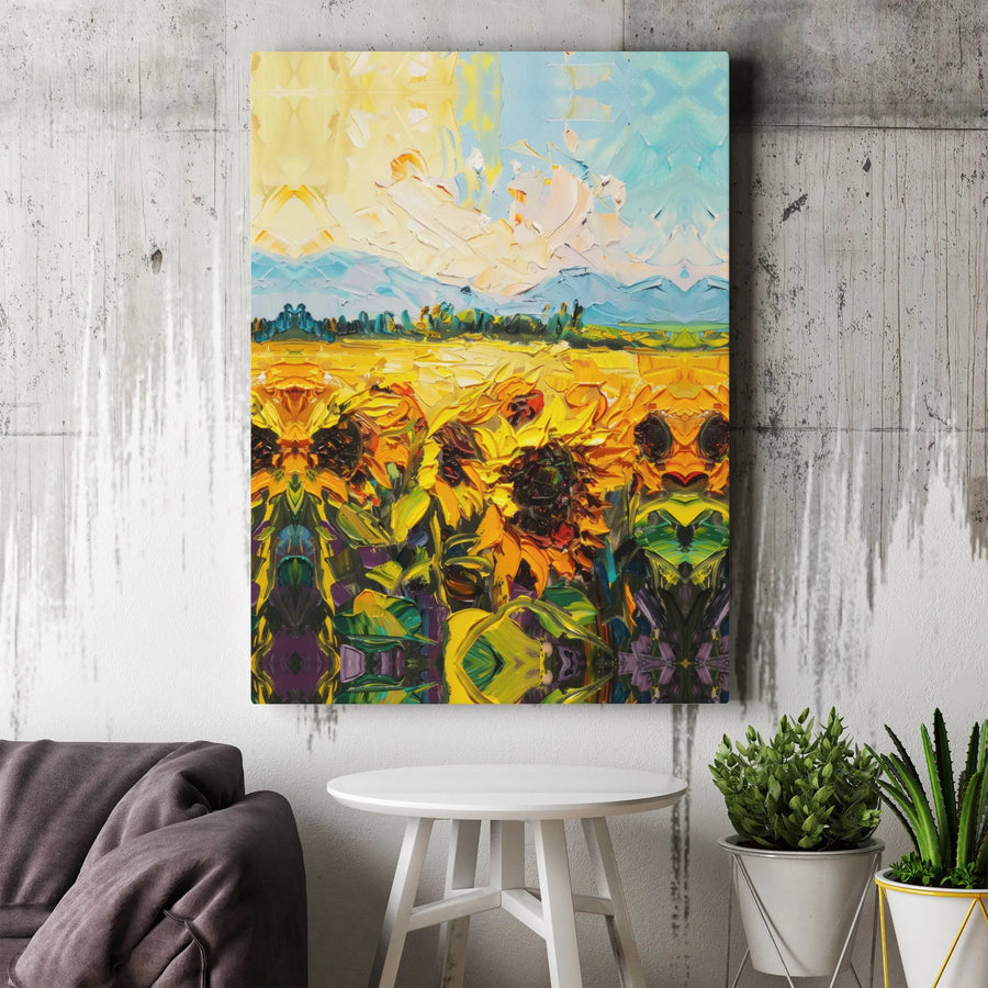 Sunflower Field Canvas Wall Art | Textured Impressionist Floral Painting | Premium 1.25" Thick Gallery Wrap | Modern Farmhouse Decor Gift
