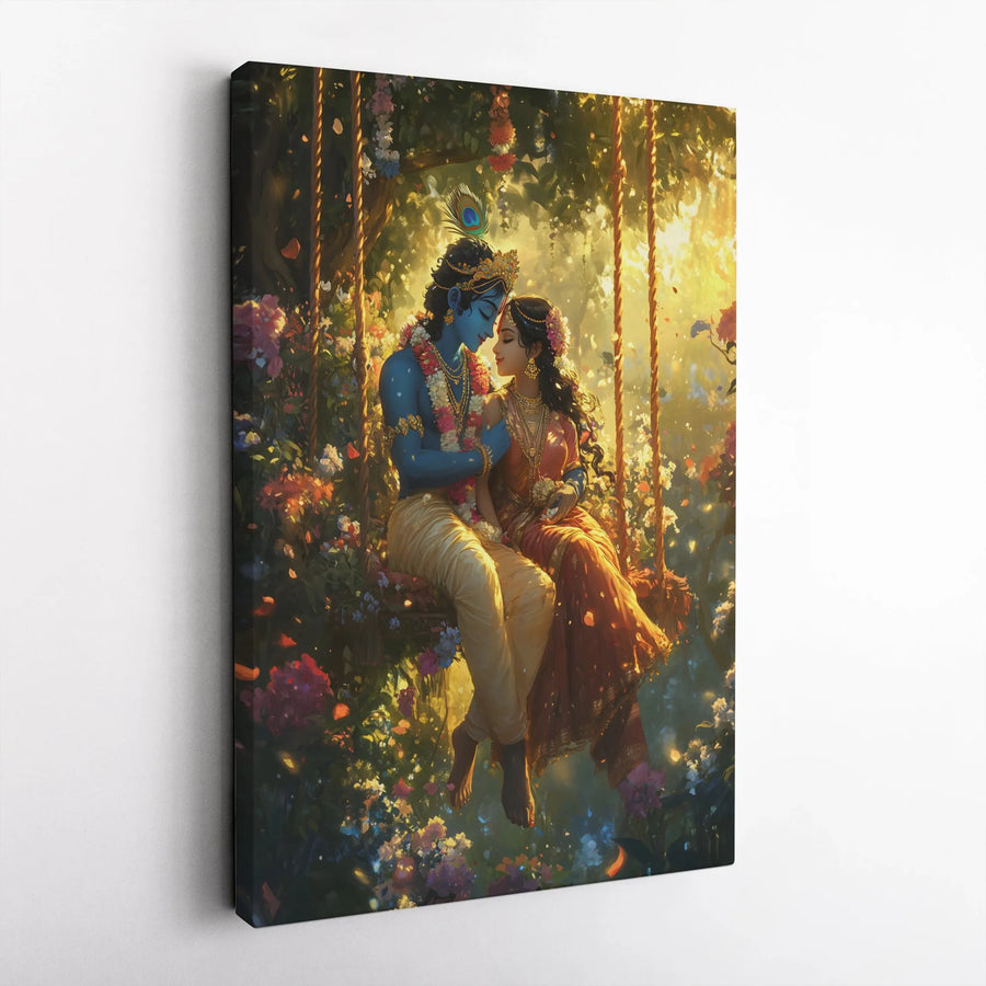 Radha Krishna Canvas Wall Art | Romantic Hindu Deity Painting on Swing | Premium Fade-Resistant Decor | Spiritual Home and Office Gift