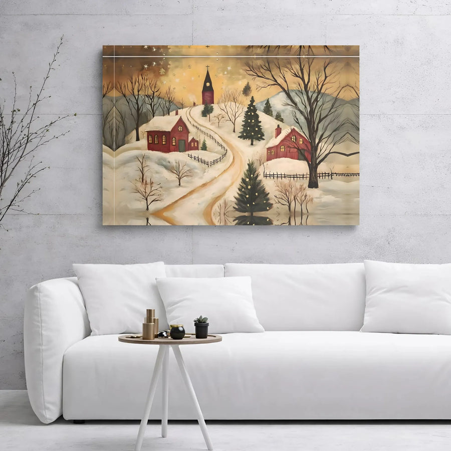 Winter Christmas Village Canvas Wall Art | Folk Art Snowy Church Scene | Premium Gallery Wrapped Decor | Festive Holiday Gift for Home