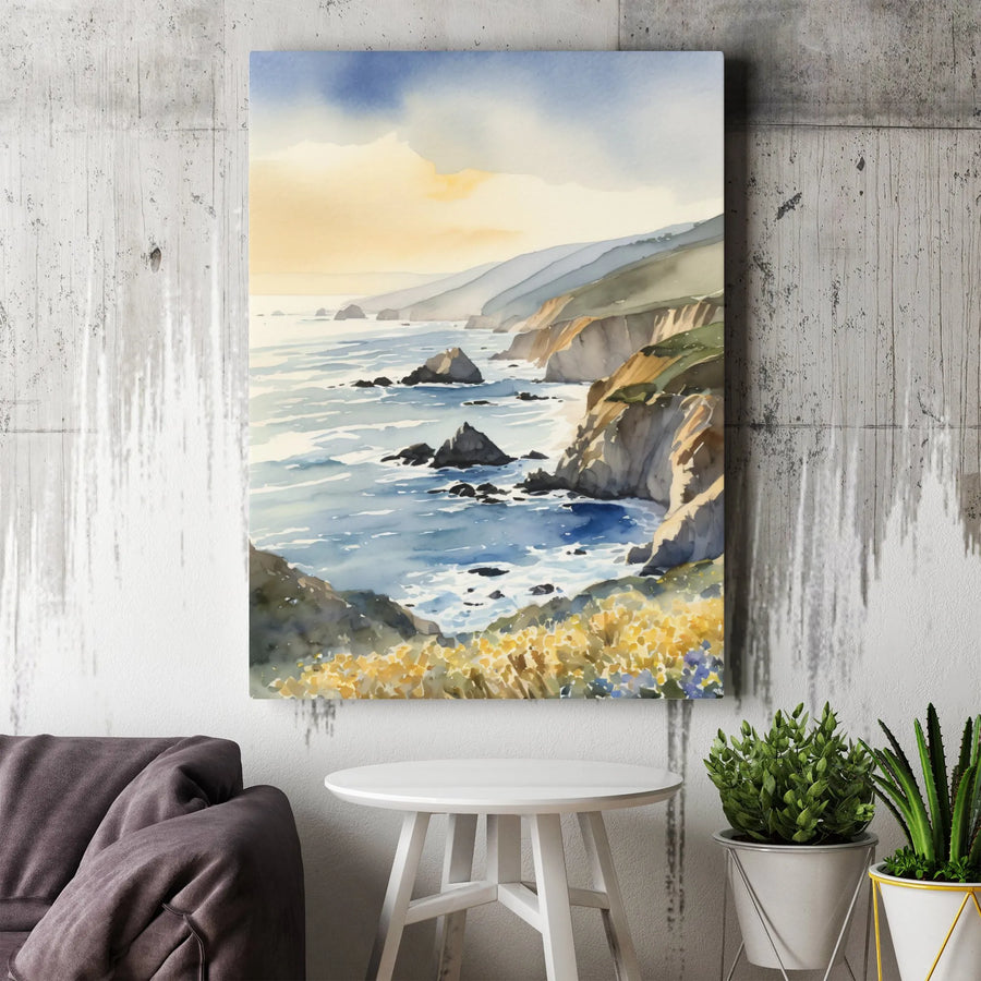 Coastal Landscape Canvas Print | Watercolor Rocky Shoreline Wall Art | Premium Gallery Wrap Decor | Nature Lover's Serene Home Gift