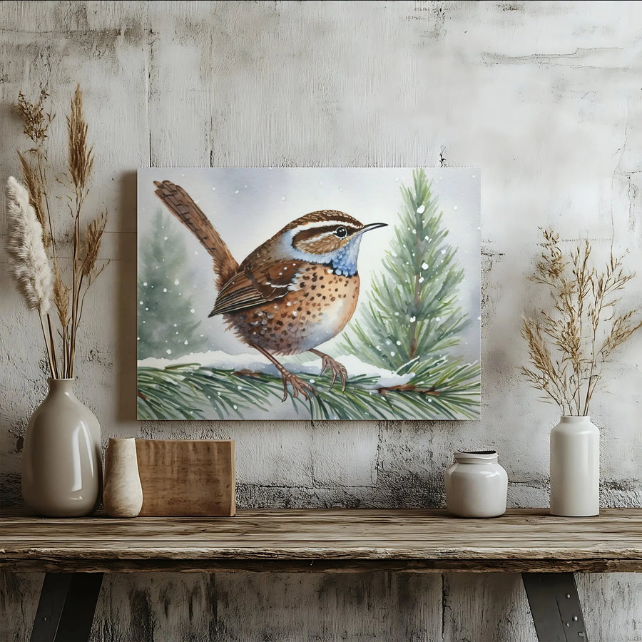 Winter Wren Canvas Wall Art | Watercolor Snowy Pine Branch Print | 1.25 Inch Gallery Wrap | Nature Home Decor Gift for Bird Lovers
