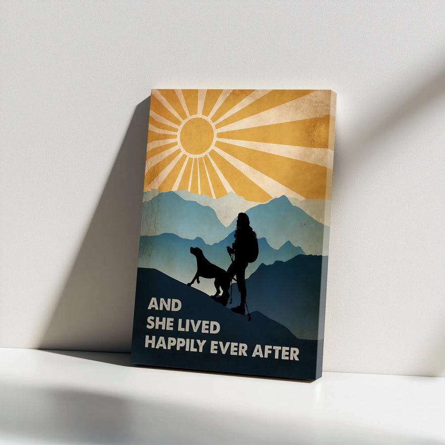 Woman Hiking With Dog Canvas Wall Art | And She Lived Happily Ever After Adventure Print | Premium 1.25" Gallery Wrap | Outdoor Gift For Her