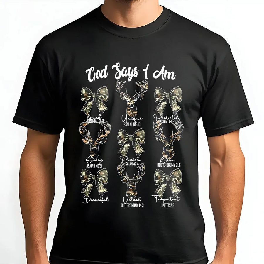 God Says I Am Deer Hunting T-Shirt | Camo Coquette Bow Faith Graphic | Premium Cotton Unisex Tee | Religious Bible Verse Gift for Hunters