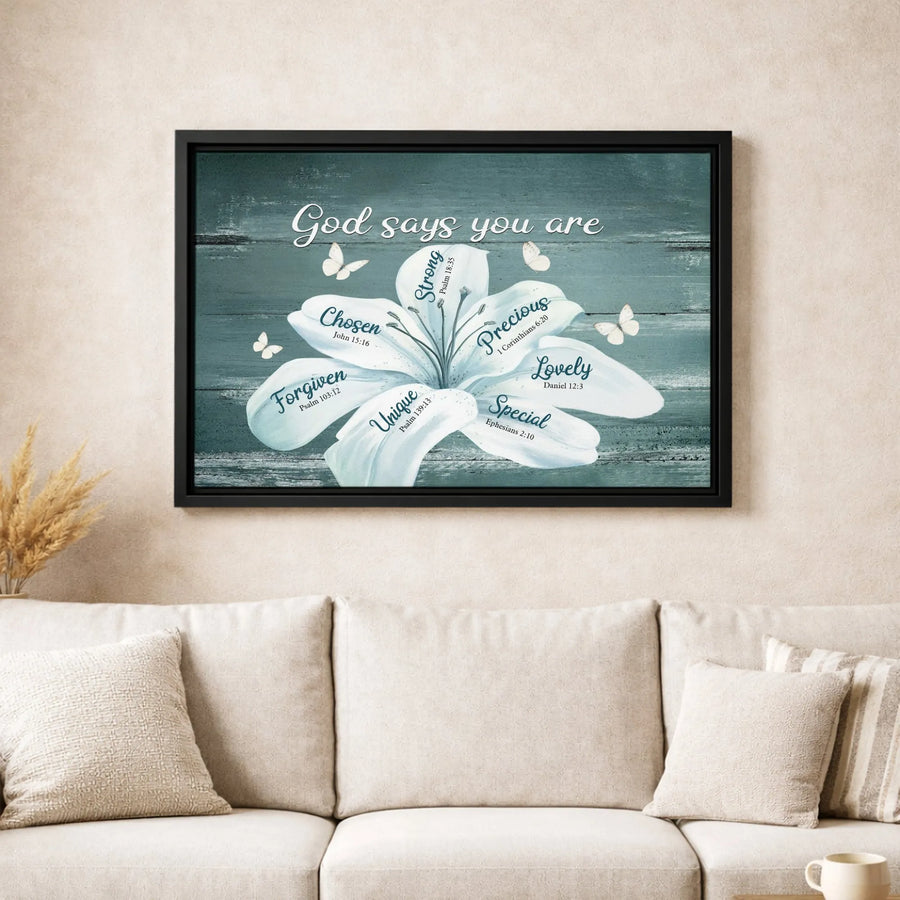 God Says You Are Scripture Canvas Wall Art | Floral Butterfly Lily Design | Premium Gallery Wrapped | Christian Home Decor Gift for Her