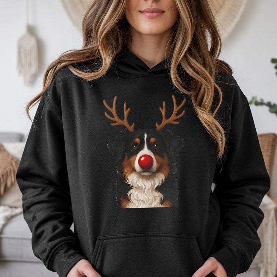 Australian Shepherd Christmas Hoodie | Reindeer Dog Graphic Print | Premium Soft Unisex Pullover | Funny Holiday Gift for Aussie Dog Lovers